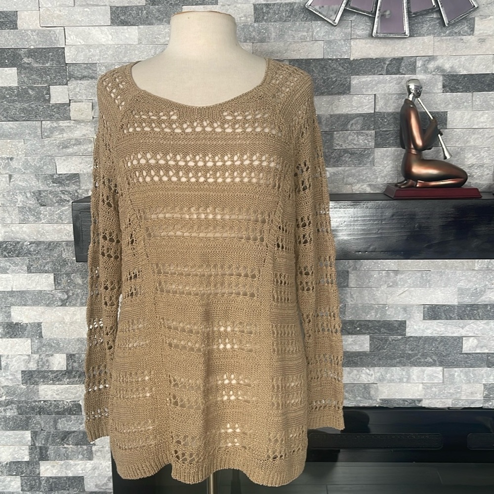 Soft Surroundings Open Knit Sweater Tunic Crochet Long Sleeves Beige Tan Large